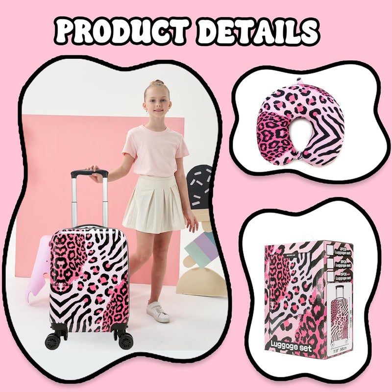 Esteemly Kid's Luggage Set 2 Piece Suitcase Set Hardside Luggage with Spinner Wheels Girls Carry on Toddler Travel Rolling Suitcase with Neck Pillow Airline Approved - Image 4